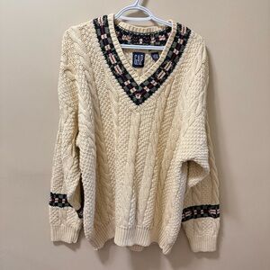 GAP Cream Cable Knit V-Neck Sweater with Green & Pink Trim
